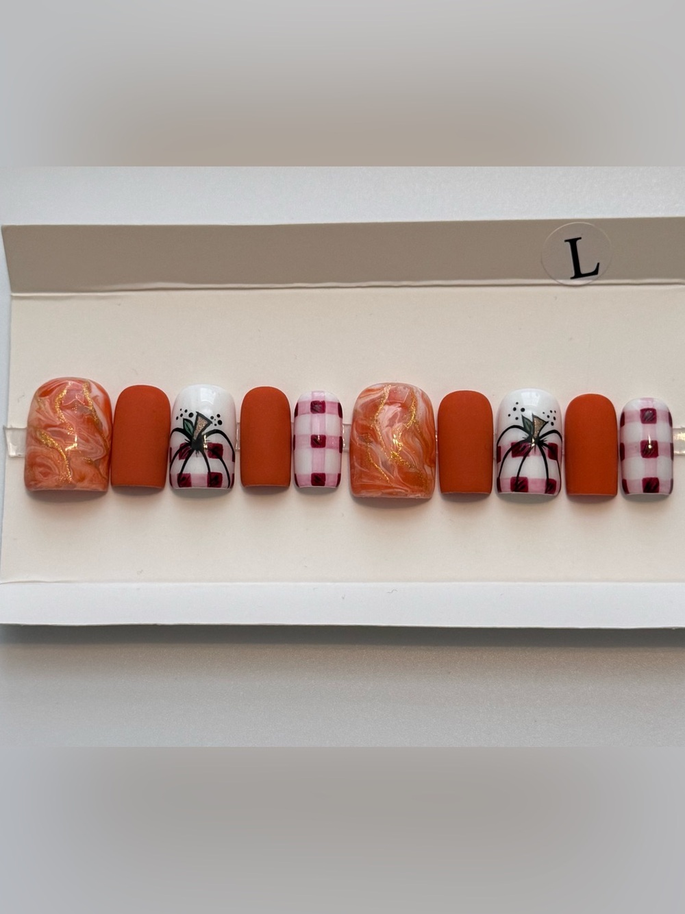 Hand-Painted Orange & White Holiday Press-On Nail Set by